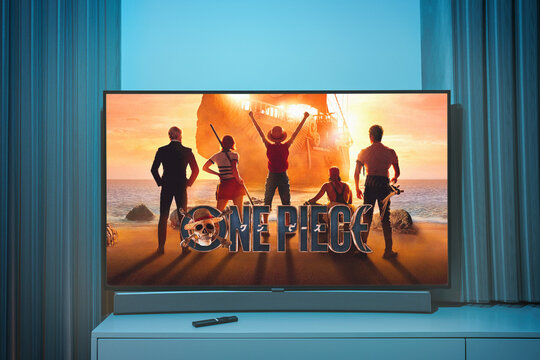 Popular Netflix TV Series One Piece on Television screen. TV show