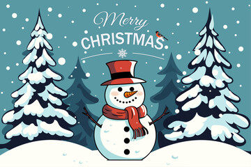 Cheerful cartoon snowman in a Christmas snowy forest and holiday greetings on a blue background. Beautiful New Year or Christmas vector illustration for card, banner, poster, cover or background.