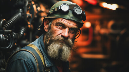 Engrossing depiction of a hardworking ship mechanic in his engine room, wrench in hand. - obrazy, fototapety, plakaty
