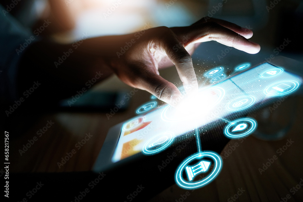 Leinwandbilder person, hand and tablet at night with hologram, ui or 3d hud and dashboard with icons on desk at off