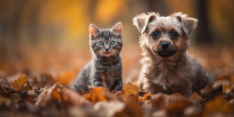 Cat and Dog on a Autumn Nature Background. Cute Little Puppy and Gray Striped Kitten best friends...
