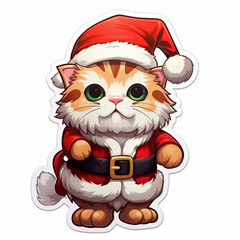 Sticker. Cute kitten in a traditional Christmas outfit. A cat in a Santa Claus costume. Kitty in a Christmas hat. Christmas design. Sticker in the form of a Christmas kitten  - 658218127