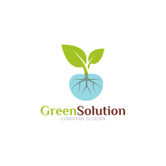 Green solution leaf logo design. Nature care logo design, seedling tree logo