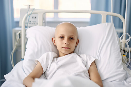 Portrait of a sick child lying in a hospital bed and looking at the camera