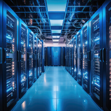 Stand with server hardware and lighting in the server room motion blur