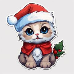 Sticker. Cute kitten in a traditional Christmas outfit. A cat in a Santa Claus costume. Kitty in a Christmas hat. Christmas design. Sticker in the form of a Christmas kitten  - 658218968
