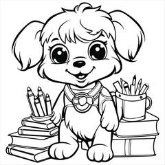 Cartoon little dog with school supplies coloring book pages for kids