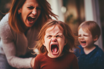 Angry little girl screaming at her mother while she is sitting on the floor. - obrazy, fototapety, plakaty