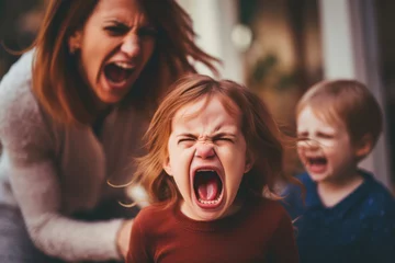 Fotobehang Angry little girl screaming at her mother while she is sitting on the floor. © Anna
