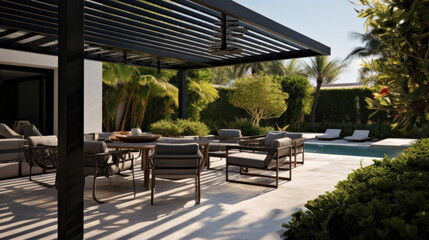 Trendy outdoor patio pergola shade structure, awning and patio roof.