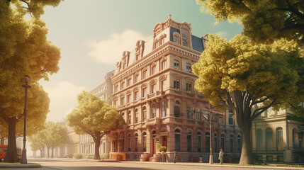 Sturdy brutalist building with neo elements, in front of a beautiful garden building generative ai