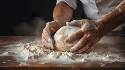 Gardinen Photograph a baker's hands kneading soft, yielding dough to create the perfect loaf of bread. Capture the detailed texture of flour-covered hands and the promise of a delicious outcome. © CanvasPixelDreams