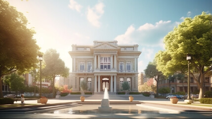 Sturdy brutalist building with neo elements, in front of a beautiful garden building generative ai