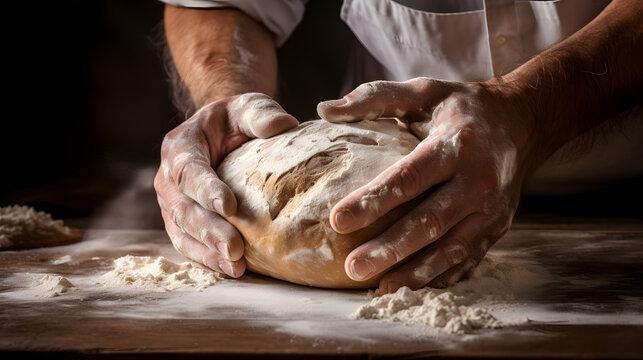Photograph a baker's hands kneading soft, yielding dough to create the perfect loaf of bread. Capture the detailed texture of flour-covered hands and the promise of a delicious outcome.