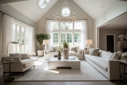 Elegant country retreat with bright white aesthetic, featuring cozy and sophisticated living space. Generative AI