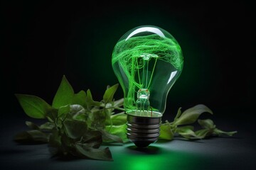 Creative concept with green power-saving light bulb. Generative AI