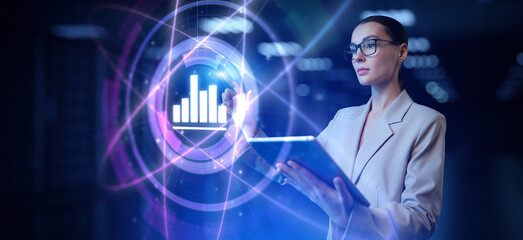 Analysis Financial Big Data Analytics Business technology concept. Businesswoman pointing on virtual screen.