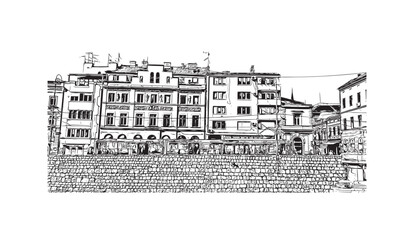 Building view with landmark of Sarajevo is the capital of Bosnia and Herzegovina. Hand drawn sketch illustration in vector.