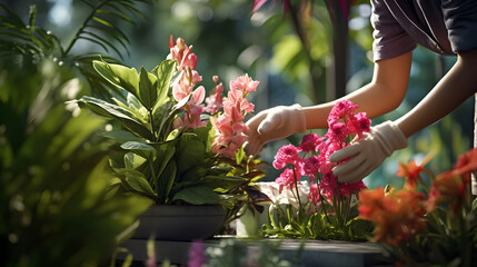 Highlight a gardener's hands delicately tending to vibrant flowers or plants. Showcase the contrast between the gentle touch and the lush, detailed foliage, evoking the beauty of nurturing life.