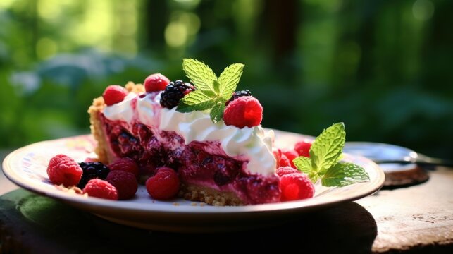 A Slice of Delicious Blackberries and aspberries Pie. Generative AI.