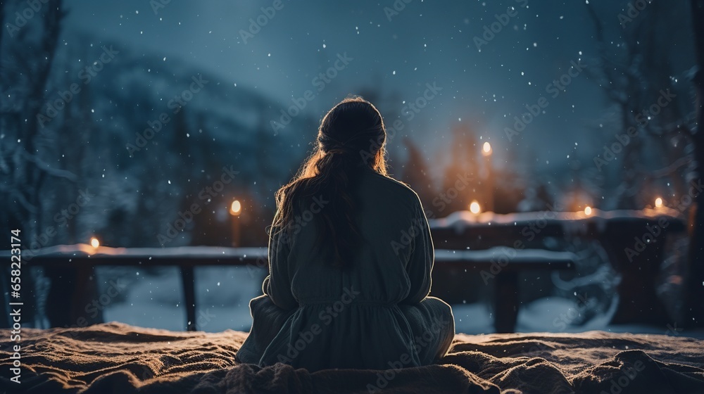 Wall mural A woman, silhouetted and viewed from behind, stands in solemn reverence, her hands clasped in silent prayer against a softly glowing nativity scene amidst a tranquil, snow-draped landscape