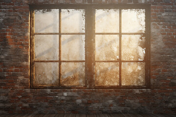 Rust old brick wall with wide windows, vintage walls, front views