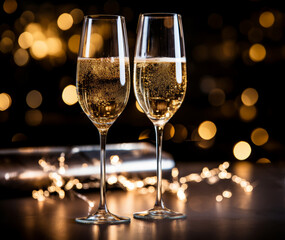 two glasses of champagne on a black background