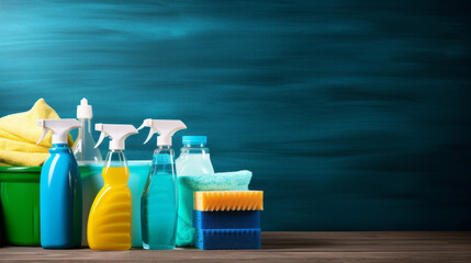 Washing products. House cleaning concept. Copy space - obrazy, fototapety, plakaty