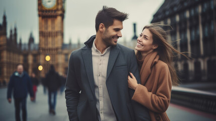 Portrait of Happy young couple walks holding hands against the background of london