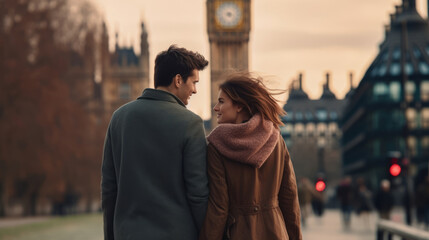 Portrait of Happy young couple walks holding hands against the background of london