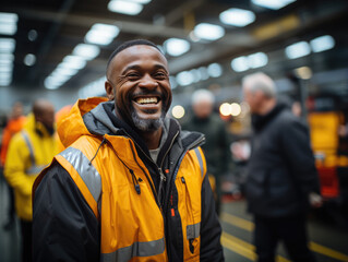 Happy middle aged African American labor worker in uniform yellow vest standing in warehouse with colleagues and boss in background, looking at camera with toothy smile
