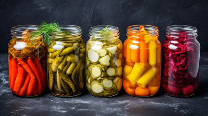 Jars with different vegetables on a stone background. Marinated vegetables. Food stocks in case of crisis.