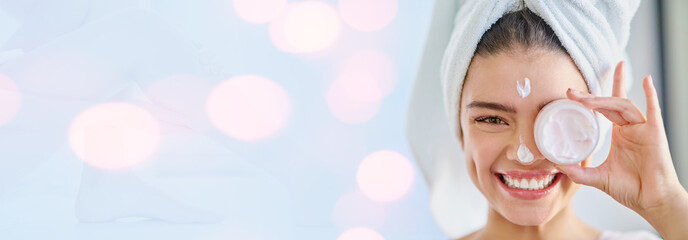 Happy woman, portrait and face cream on banner for skincare or beauty on bokeh background. Female...