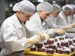 Staff of confectioners un white hats and uniforms decorating cakes on conveyor, working in pastry factory, confectionery plant, culinary industry, preparing sweet food, tasty meal - obrazy, fototapety, plakaty
