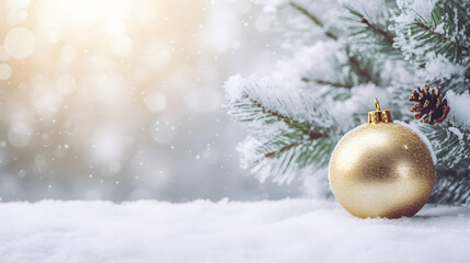 Fototapeta na wymiar Merry Christmas.Christmas decoration with Gold ball on snow.