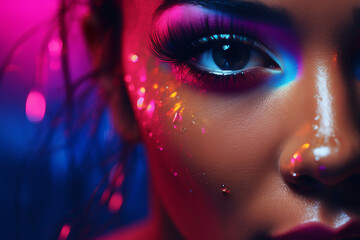 Neon light, a close-up of a beautiful girls face is captured in a vibrantly surreal fashion photography style. Paint makeup chaotic yet harmonious visual appeal
