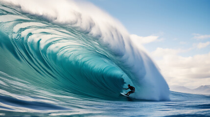 Surfer on a big wave in Hawaii, a man on a board on turquoise water