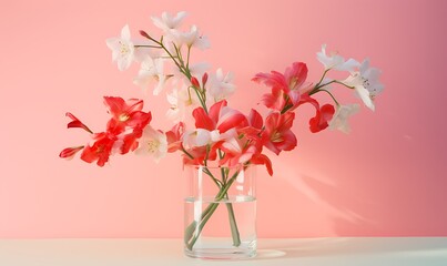 pink flowers in a glass vase in the style of multi. Genertive Ai