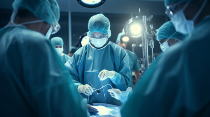 Team of medical doctors performs surgical operation in modern operating room using high-tech technology. Surgeons are working to save the patient in the hospital. - obrazy, fototapety, plakaty
