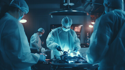 Team of medical doctors performs surgical operation in modern operating room using high-tech technology. Surgeons are working to save the patient in the hospital.