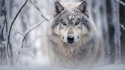 The Serene Stare of a Snowy Forest Wolf