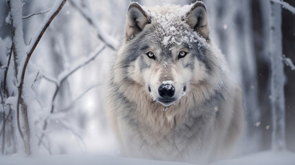 Obraz premium The Serene Stare of a Snowy Forest Wolf