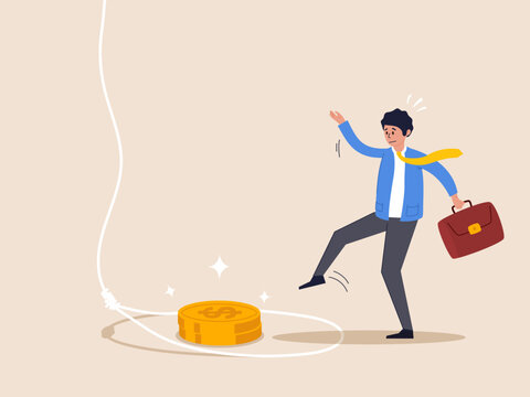 Financial or investment problem concept. Money trap to trick greed people, danger fraud or threat to attack victim, greed businessman try to step into tricky rope trap to get money banknotes bundle.