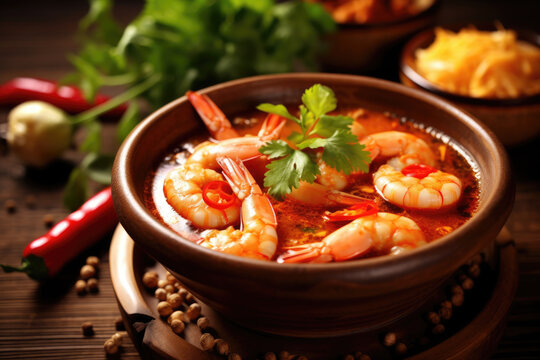 Tom yum goong, Foods Thailand, High-quality images, generative AI. This best food Thai masterpiece teems with shrimp, mushrooms, tomatoes, lemongrass, galangal and kaffir lime leaves