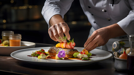Photograph a chef's hands finely crafting an exquisite culinary dish. Showcase the artistry in plating and the meticulous attention to detail in creating a gastronomic masterpiece.