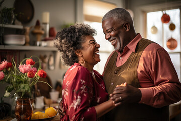 Happy senior African American couple celebrating anniversary, dancing in home kitchen decorated for...