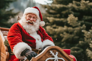 Santa Claus in his detailed outfit laughing in his sled in the snow