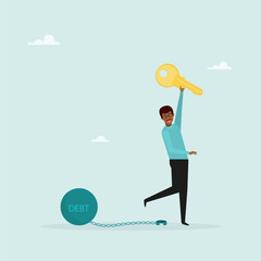Freedom from debt or freedom to pay off debts, a loan or mortgage, a solution to a financial problem. Happy businessman holding golden key after unlocking debt chain.
