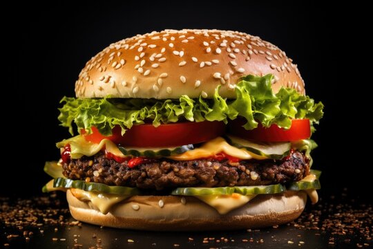 Delicious cheeseburger with lettuce, tomato and sesame seed bun on black background