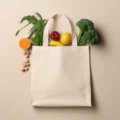 Light eco cotton tote bag with food products. AI generated - obrazy, fototapety, plakaty